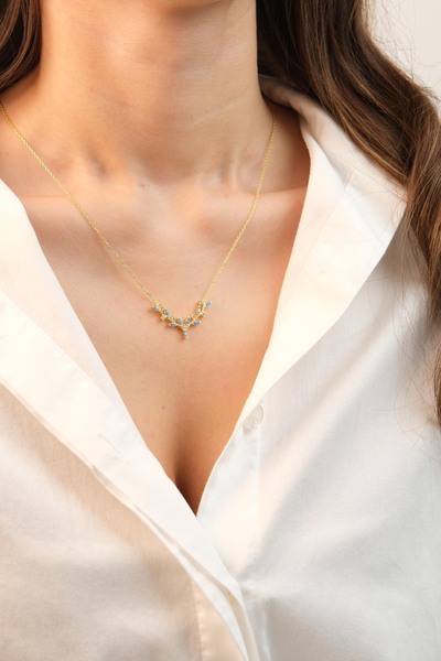 Kiriş Gümüş 925 Ayar Gümüş Rose Turkuaz Geyik Boynuzu Kadın Gümüş Kolye