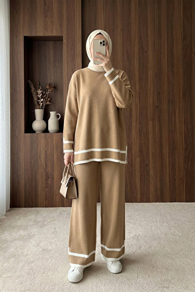 MODAQU Striped Cuffs Tunic Pants Knitwear Set - Tan