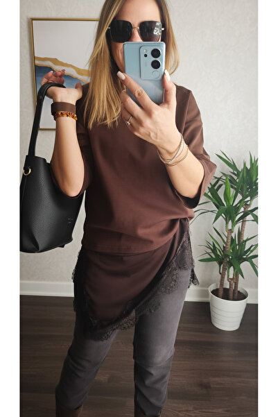 PINARKAYASTYLE Brown Lace Detailed T-Shirt