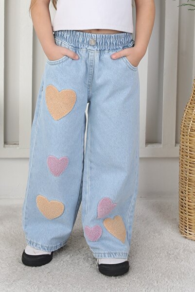 Butik Kız Çocuk Açık Mavi Kalp Detaylı Geniş Paça Rahat Kesim Jean