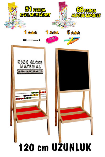 PinkToys 120 cm gerçek metal yüzey yarım abaküslü yazı tahtası harf sayı magnet