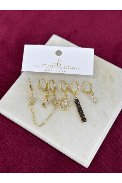 Parlak Taş Detaylı Siyah Renkli Geometrik Altılı Set Gold Küpe