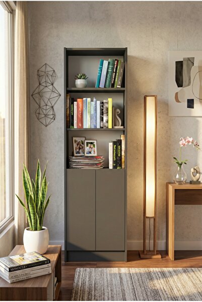 YETİ MOBİLYA Flat56 Kitaplık 2 Kapaklı Kütüphane Çok Amaçlı Dolap Antrasit