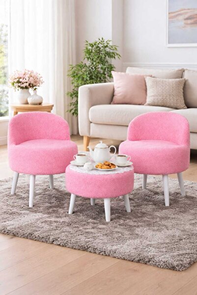 PUFMANYA ROMEO PELUŞ KUMAŞ GÜRGEN AYAKLI ÇAY SETİ 2 ADET SANDALYE +1 ADET PUF