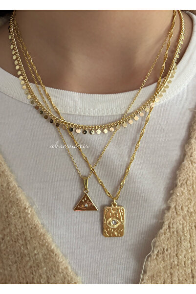 aksesuaris 3-Piece Sequined Chain Zircon Stone Gold Women's Necklace Set