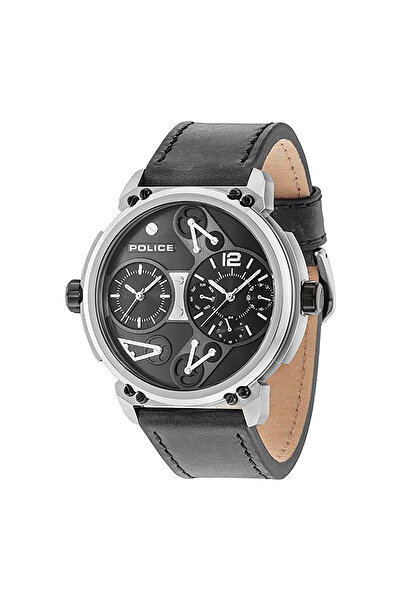 Police Men's Black Leather Watch, Stainless Steel Case