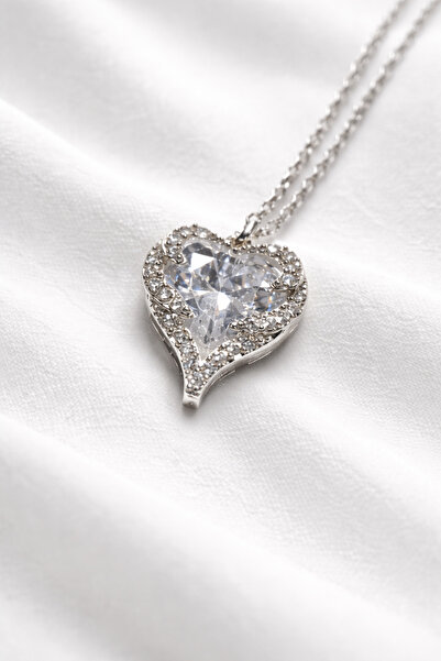Nuvor Silver 925 Ayar Gümüş Kalp Kolye – Işıltılı Zirkon Taşlı, Rodyum Kaplam...