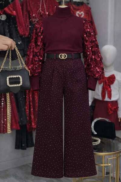 UZUN BUTİK Kids Girls' Festive Pulpayet-Detail Pants with Feathers and Stones...