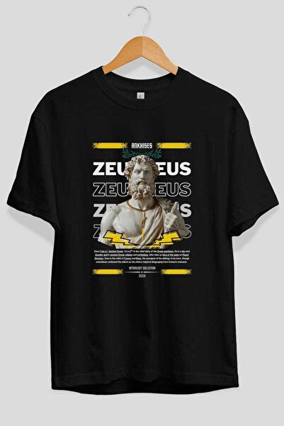 Ankhises Tricou negru supradimensionat cu imprimeu frontal Zeus 4 Mythology B...