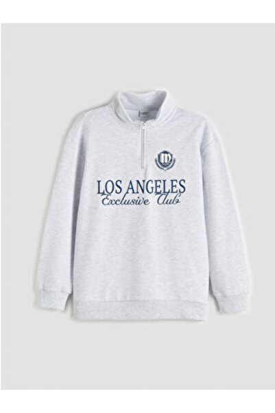 LC Waikiki Gray Los Angeles Printed Stand Collar Boys' Sweatshirt