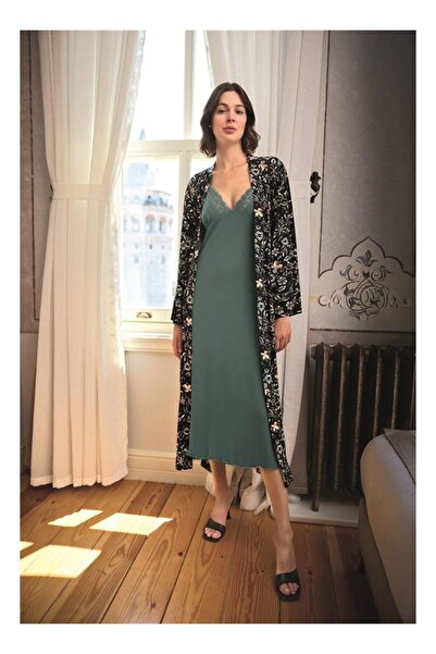 byasafkids Floral and Leaf Patterned Lace and Low-Cut Plus Size Dressing Gown...