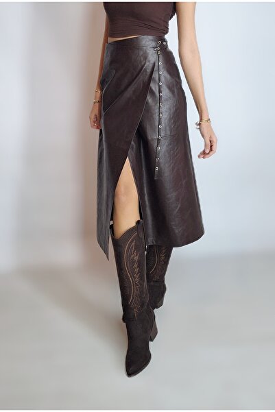 oyagüler Women's Brown Faux Leather Envelope Skirt with Thin Belt Detail Yy10...