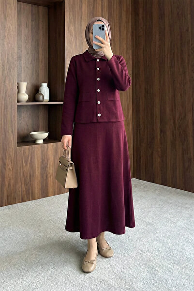 MODAQU Buttoned Cardigan Skirt Knitwear Set - Burgundy