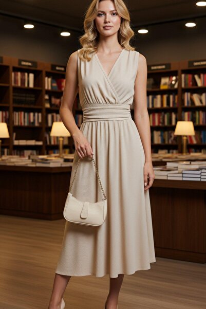 Mossta Double-Breasted Collar, Elastic Waist, Flared Dress - Beige