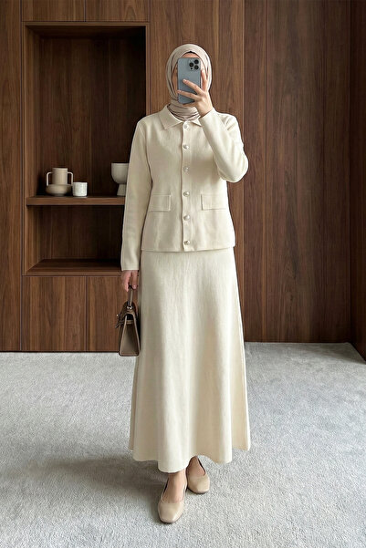 MODAQU Buttoned Cardigan Skirt Knitwear Set - Ecru
