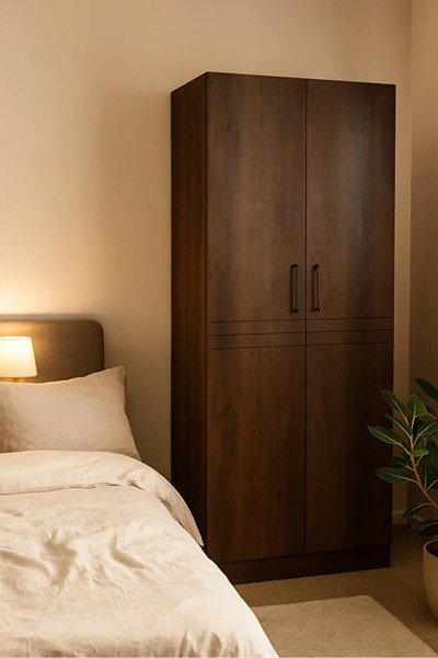 Arnohome Wooden wardrobe with two doors and shelves - modern brown storage ca...