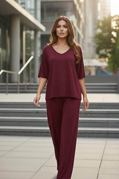 Mossta V-Neck Bat Sleeve Casual Viscose Double Set - Burgundy