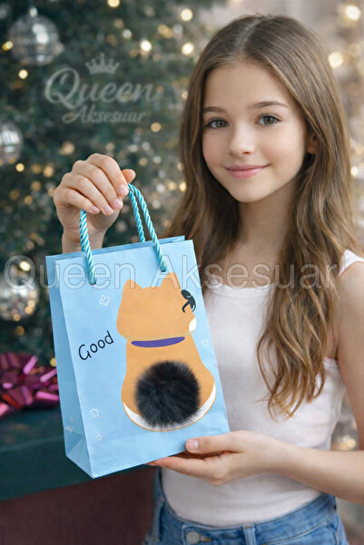 QUEEN AKSESUAR 3D Furry Pompom Tail Gift Paper Bag Pouch Package Blue Cat Dog...