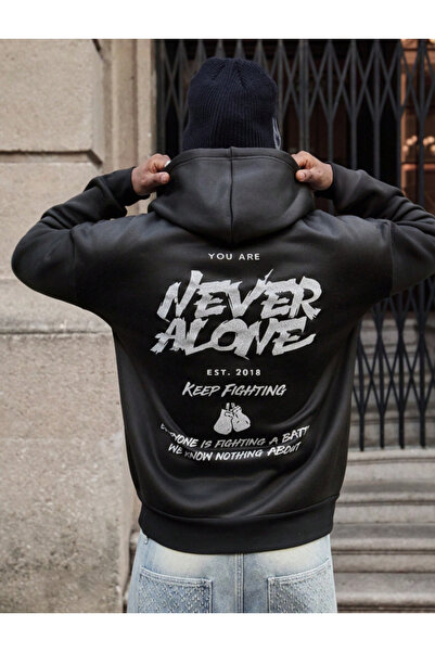 Oceanwear Never Alone Printed Hooded Black Unisex Plain Oversize Sweatshirt
