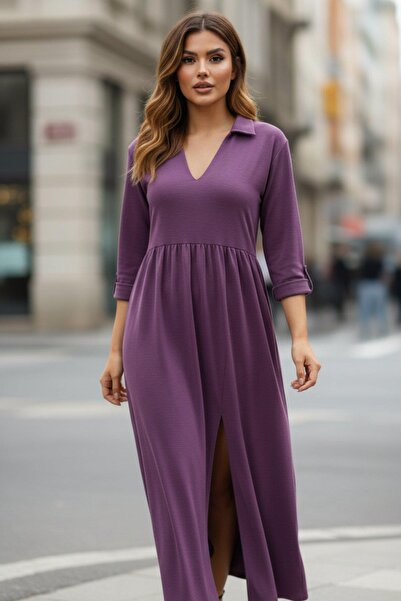 Mossta Truvakar Sleeve Shirt Collar Maxi Length Aerobin Dress - Purple