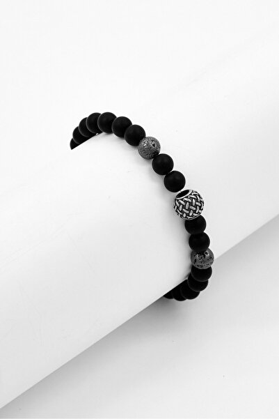 Steeltime Men Black Lava And Stainless Steel Beaded Stretch Bracelet, Black