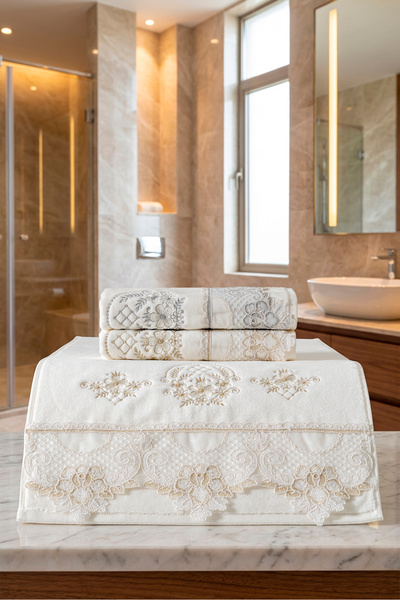 VELANORA HOME مجموعة من 3 مناشف زينة للعروس من سلسلة خاصة، مزينة بالدانتيل وا...