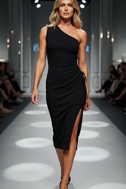 Mossta One-Shoulder, Low-Cut Waist, Slit Midi Viscose Dress - Black