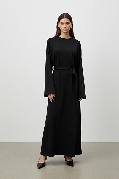 Puane Women's Long Sleeve Belted Comfortable Cut Long Dress