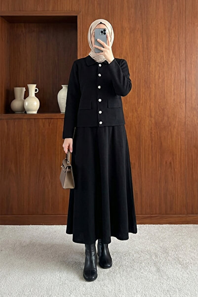MODAQU Buttoned Cardigan Skirt Knitwear Set - Black
