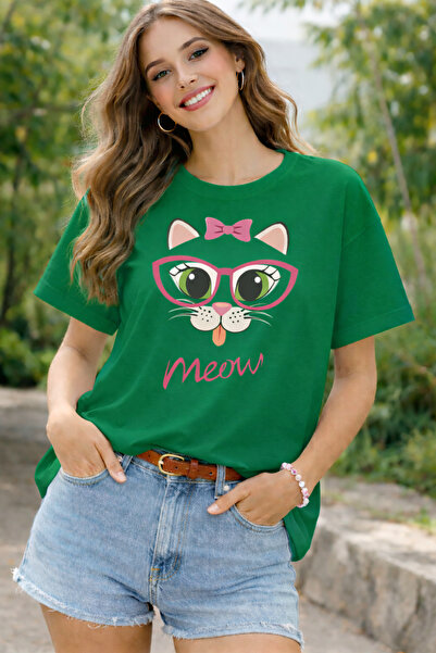 ArtYus Bow Tie Kitten Meow Printed Cotton Relaxed Fit Round Neck Unisex T-Shirt