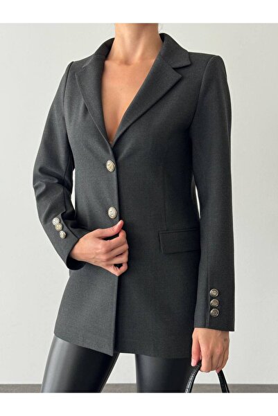 MAXXANA V-Neck Gold Button Detailed Fitted Polyviscose Blazer Jacket