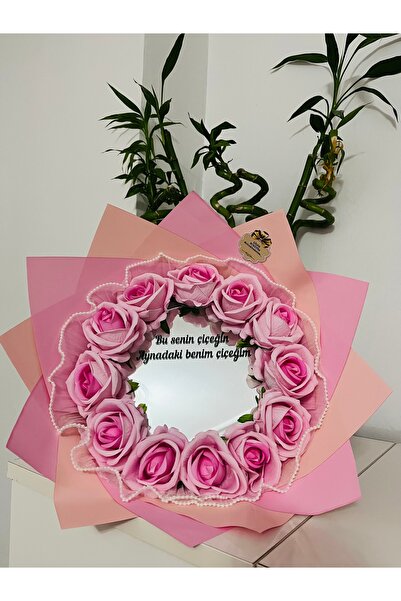 Çiçek İnci Tüllü Pembe Gül Buketi Aynalı Doğum Günü Buketi Sevgililer Günü He...