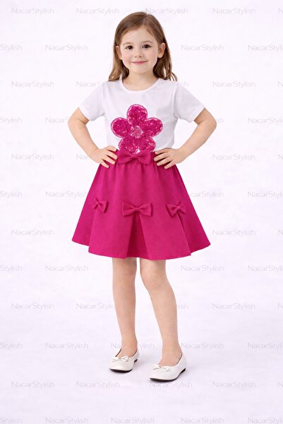 Nacar Kız Çocuk 23 Nisan 29 Ekim Papatya Tshirt&Fiyonklu Double Etek 2'li Alt...