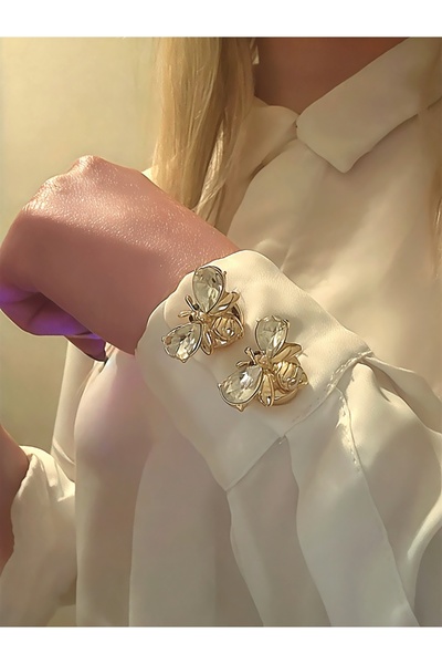 QA Quella Accessories KRİSTAL TAŞLI ARI MODEL GOLD DÜĞME AKSESUARI BROŞ - ÇİFT