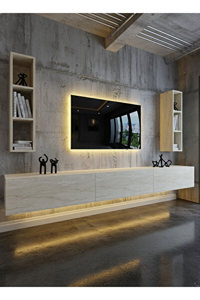 WALL-MOUNTED TV STAND WITH RECITAL LED - TRAVERTINE -W6007-8