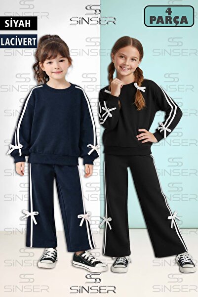 SS SİNSER 2-Piece Girls' Crew Neck Tracksuit Set with Ribbon and Bow Detail
