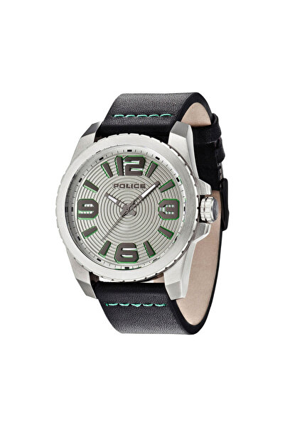 Police Men's Black Leather Watch, Silver Dial