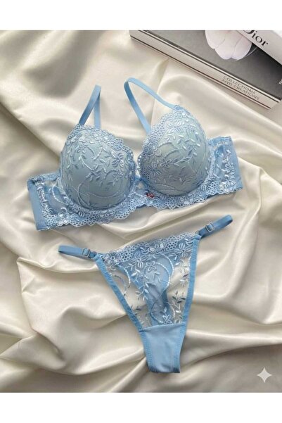 arona lingerie Zarif Çiçek Desenli Mavi Destekli Sütyen Takım