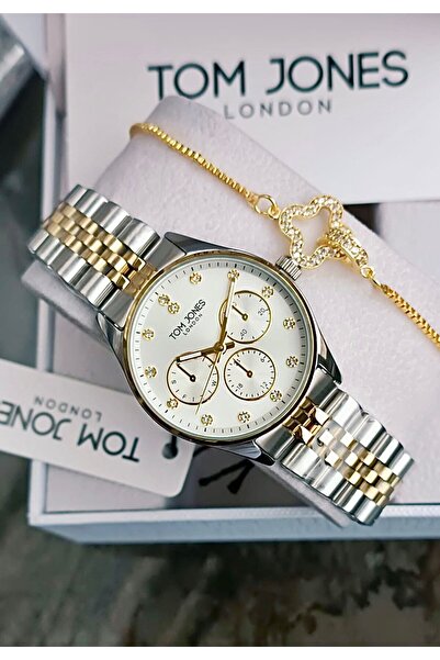 Tom Jones ساعة يد نسائية مرصعة بالأحجار من الداخل، ثنائية اللون + سوار، هدية