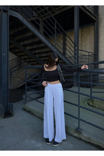 Caddebostan Moda Gray Spanish Flared Fabric Trousers with Pockets Modern Prem...