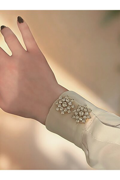 QA Quella Accessories Kristal Taşlı Lotus Çiçek Model Gold Düğme Aksesuarı Broş