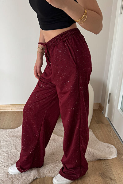 İlayda Toprak Glow Bordo Cyrstal Detail Simli Bol Kalıp Cool Eşofman Altı