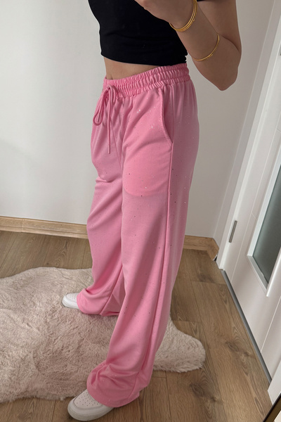 İlayda Toprak Glow Pembe Cyrstal Detail Simli Bol Kalıp Cool Eşofman Altı