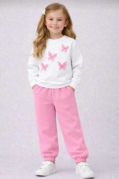 BEBEĞİME ÇORAP Girl's Butterfly Pink-White Tracksuit Set