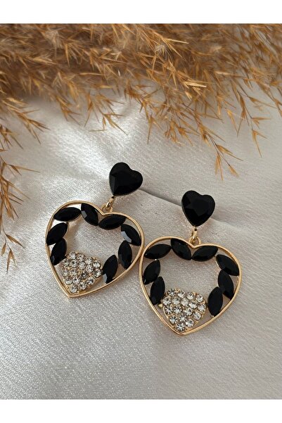 BIJUTERI Black Stone Detailed Heart Earrings