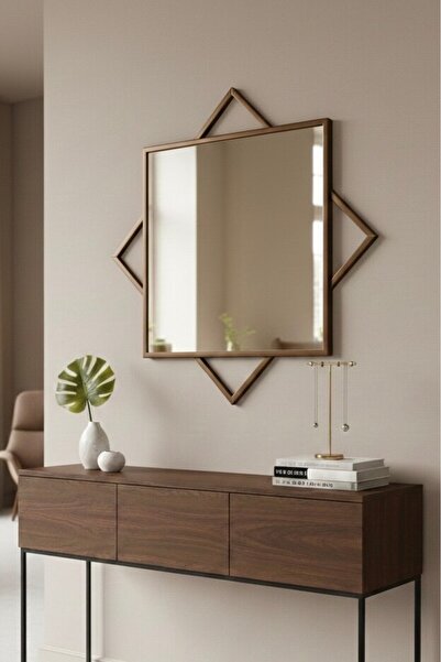 Ahzen Cam Dekoratif Sekiz Köşe Kare Duvar Aynası Bronz Metal Çerçeve 70x70