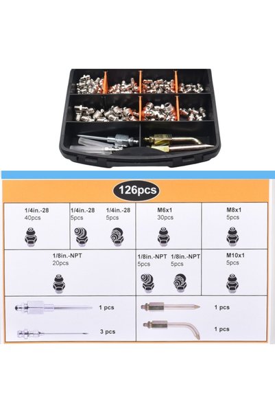 OEM Set/kit 126 de piese, injectare rapida a grasimii, nipluri,ace, dispozitive gresare,cutie 19x15x4cm