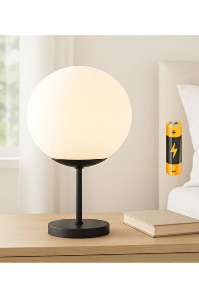 burenze Moritz Beyaz Glop Camlı Kablosuz Pilli Abajur Aç Kapa Butonlu Pilli M...