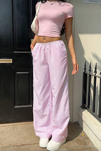 İlayda Toprak Toffy Pembe Kısa Kollu Crop Çizgili Bol Eşofman İnce Alt Üst Takım