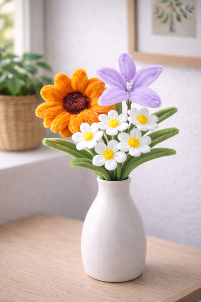 Minii Tuhafiye Şönil 3'lü Çiçek Yapım Kiti | Gerbera, Papatya, Zambak |Kendin...